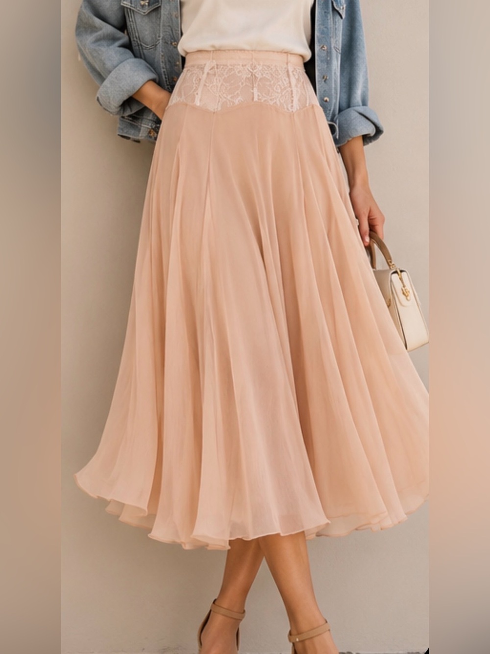 Pastel Pink Chiffon Midi Skirt Lace Corset Waist Balletcore Coquette S Fairy